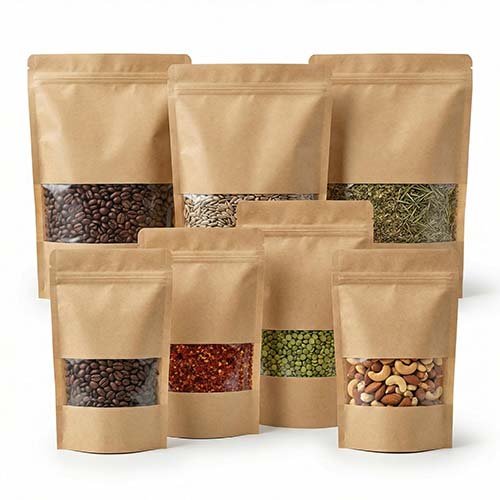 Premium Biodegradable Kraft Stand-Up Pouches with Window (Pack of 500)